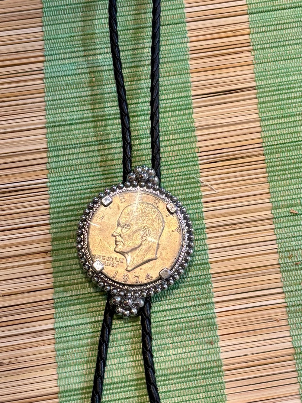 Bolo Tie with 1974 Eisenhower Coin Accent - Black